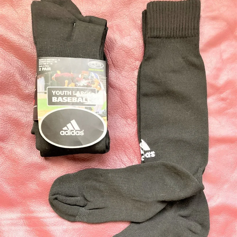 NWT 2 PR Sock Athletic Baseball Adidas,Youth L Knee High Black Women Equiv 9-11
